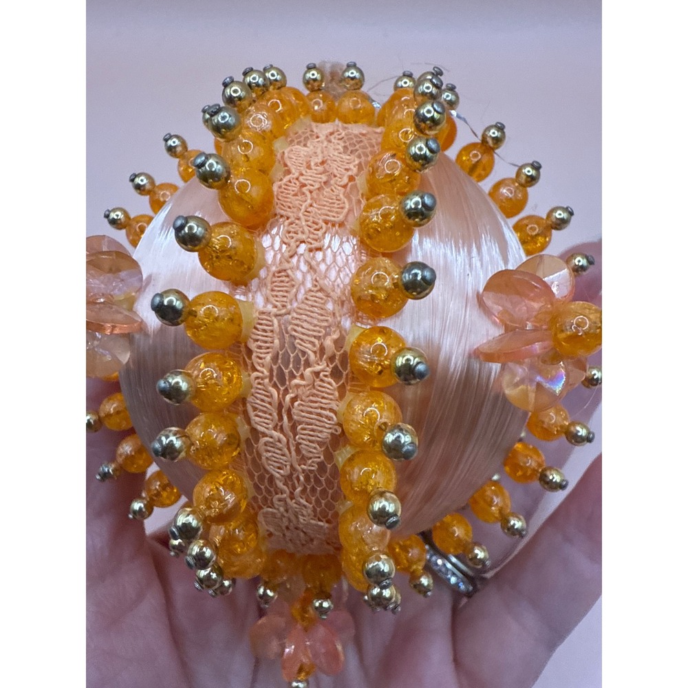 Vintage Handmade Beaded Push Pin Christmas Ornament Peach Satin Pearl - Picture 7 of 12